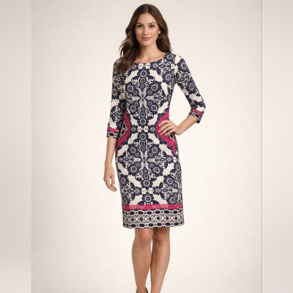 Eliza J Size 2 Navy & Ivory Printed Dress with Pink Accents